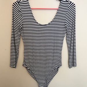 Navy and white striped one piece.